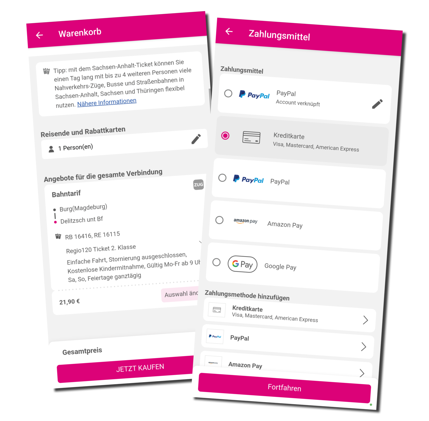 Screenshots of the INSA timetable app, showing the cross-tariff ticket purchase option and the selection of payment methods offered