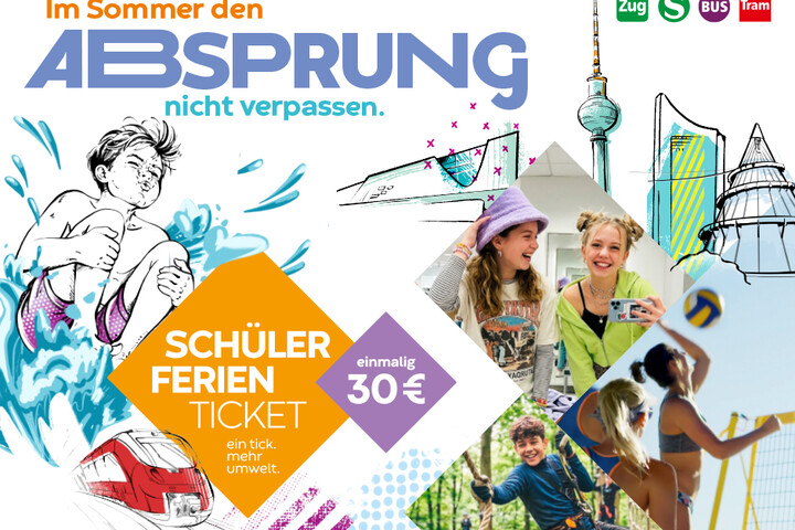 Plakatmotiv zum Schülerferienticket mit den Texten "Im Sommer den ABSPRUNG nicht verpassen." "Schülerferienticket einmalig 30€" und "Sachsen-Anhalt, MDV, Leipzig, Berlin, Wolfsburg 04.07. bis 16.08.2026"